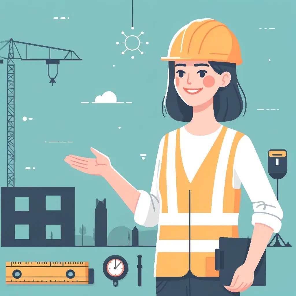 DALL·E 2024-06-08 16.28.54 - Flat style illustration of a female construction worker standing at a construction site, with a warm, encouraging expression, as if she is explaining 